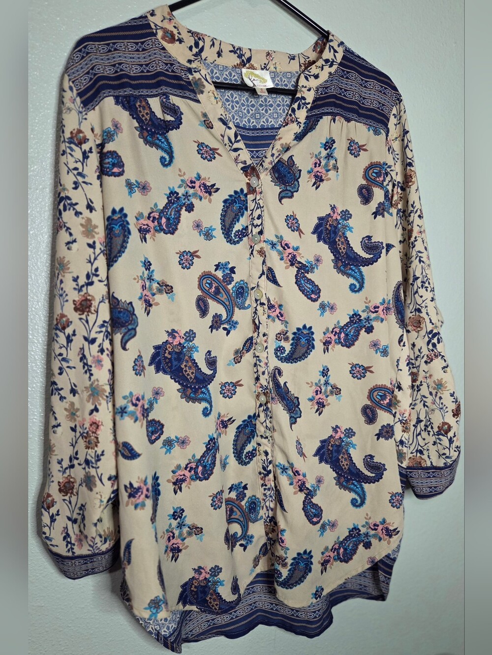 Fig & Flower Boho Paisley Floral Button Up Tunic Blouse-Roll Tab Sleeve-Size Lg - Picture 9 of 11